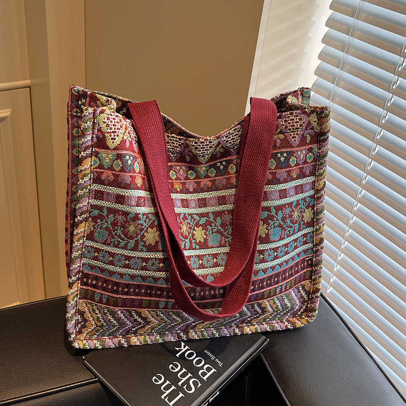 Damen Trendige Jute-Tasche mit buntem Ethnomuster Nord Taschen