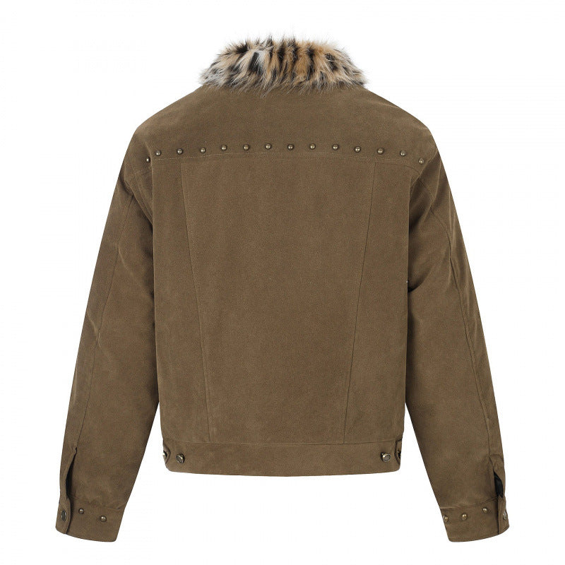 Herren Kurzjacke aus Velourslederimitat mit Kunstfellkragen und Nieten-Details Nord Taschen