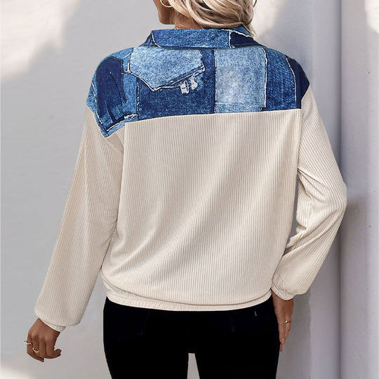 Damen Relaxed-Fit Cordstruktur-Halbzip-Pullover mit Jeans‑Optik‑Einsätzen Nord Taschen