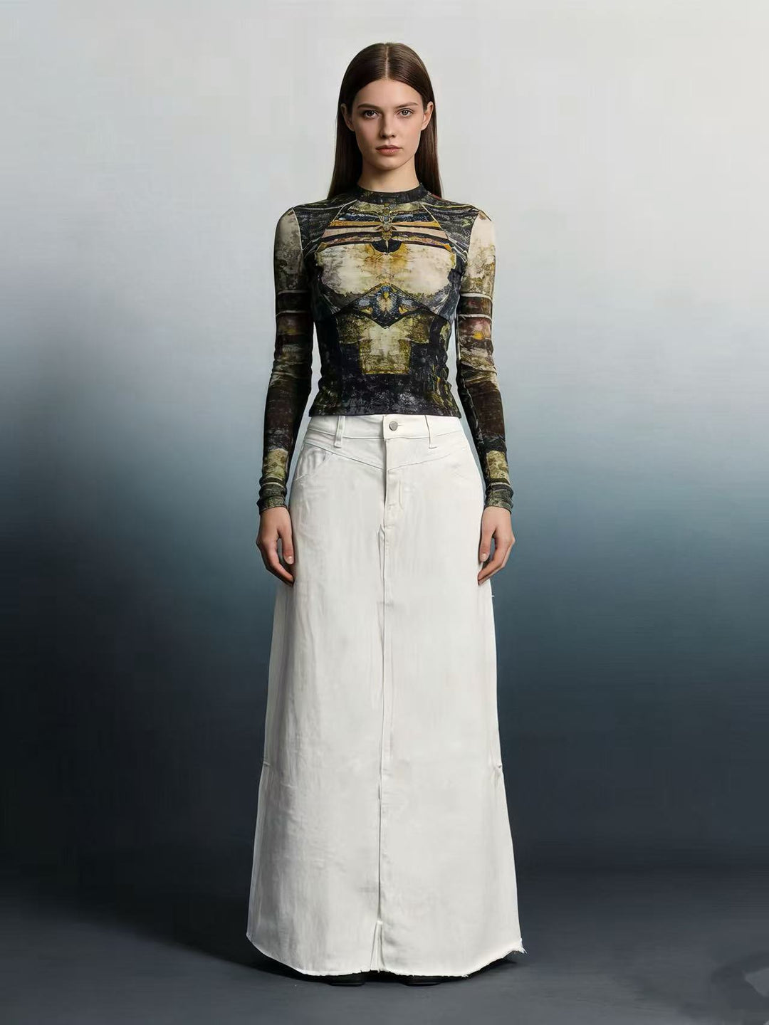 Damen langer High-Waist Denim-Maxirock mit gerader Silhouette und rohem Saum Nord Taschen
