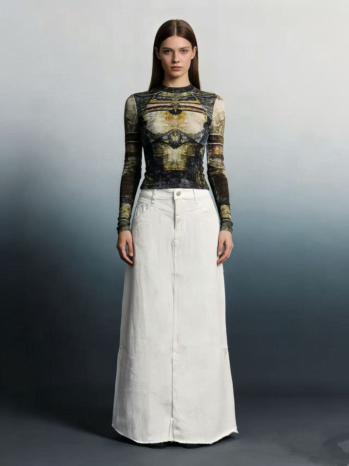Damen langer High-Waist Denim-Maxirock mit gerader Silhouette und rohem Saum Nord Taschen
