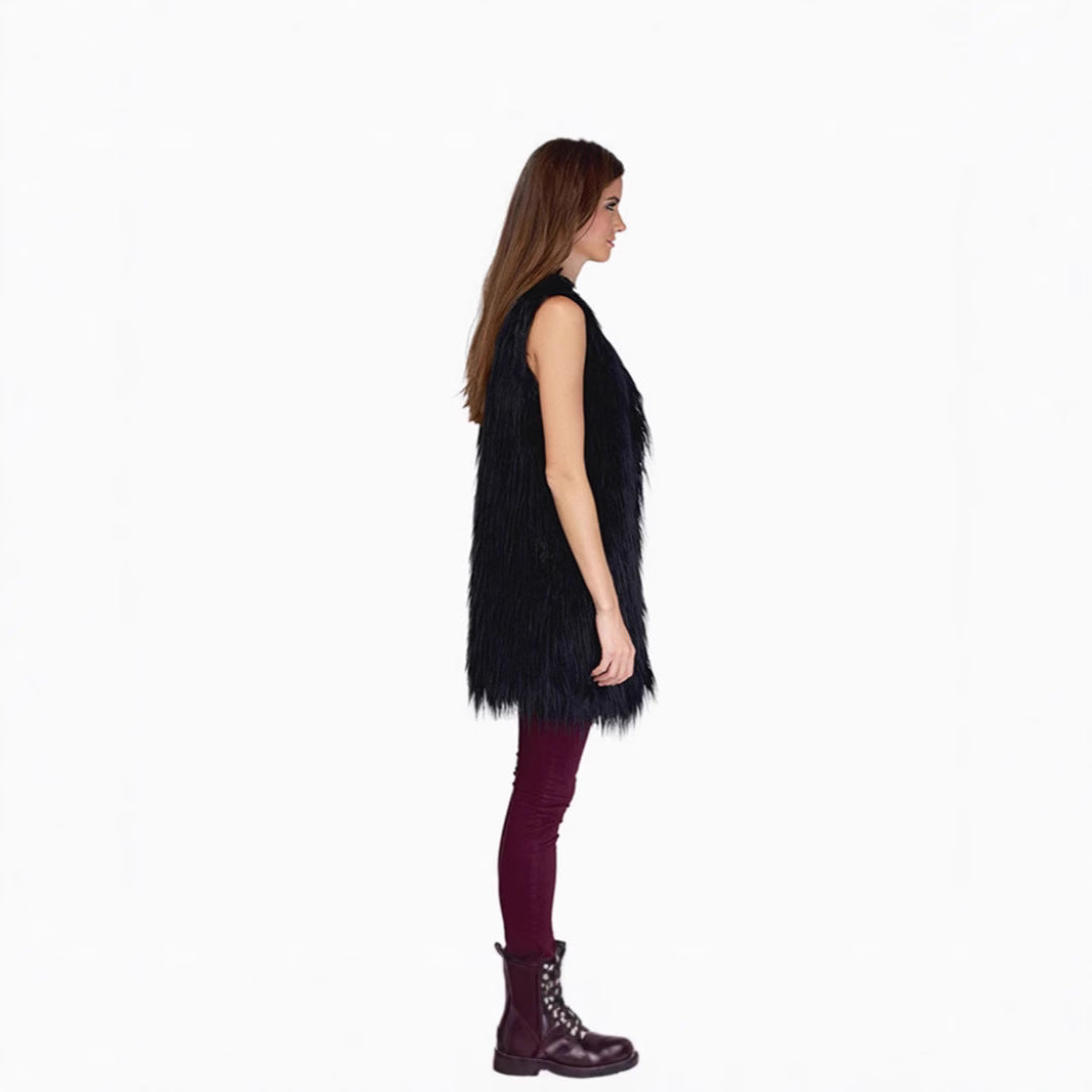 Damen Lange ärmellose Shaggy‑Kunstfellweste mit kaschierender A‑Linie und weichem High‑Pile Nord Taschen