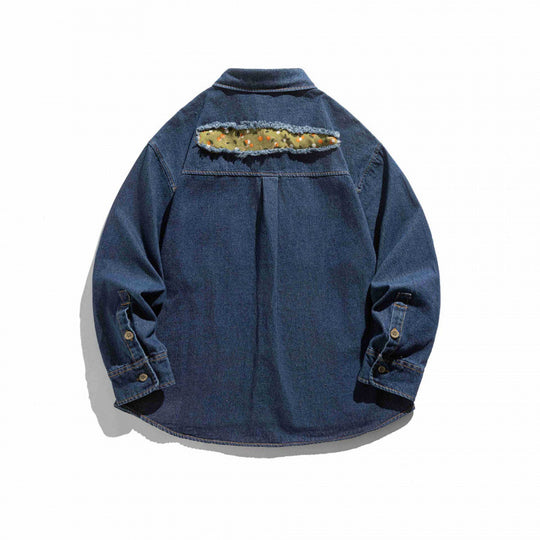 Unisex Kastenförmige Denim-Hemdjacke mit dekorativen Destroy-Applikationen und Oversized-Silhouette Nord Taschen