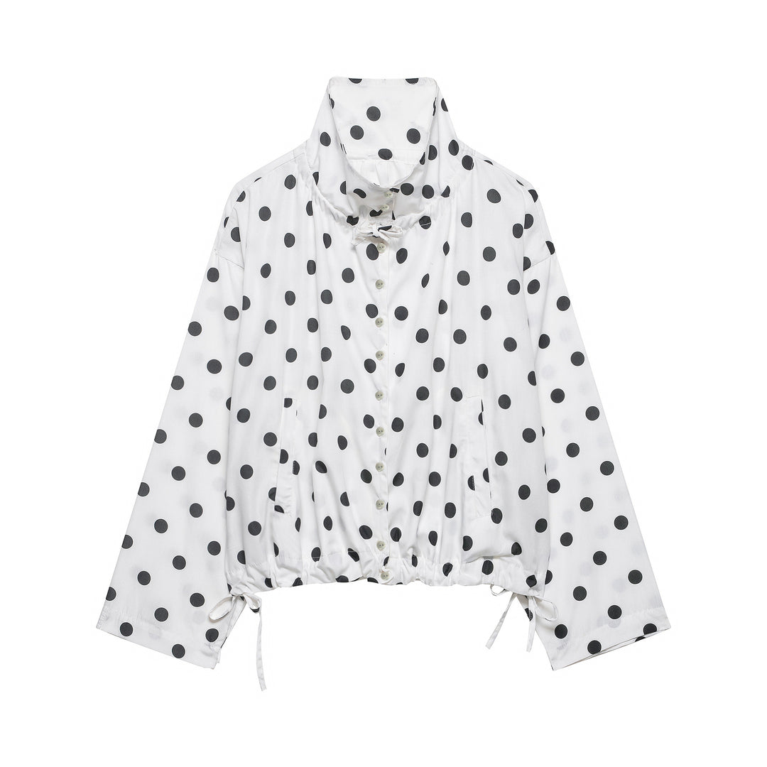 Damen Leichte Bluse im Polka‑Dot‑Design mit Stehkragen, Tunnelzugsaum und Knopfleiste Nord Taschen