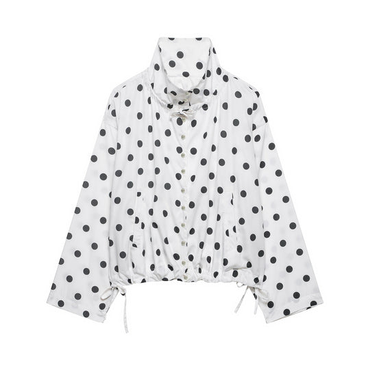 Damen Leichte Bluse im Polka‑Dot‑Design mit Stehkragen, Tunnelzugsaum und Knopfleiste Nord Taschen