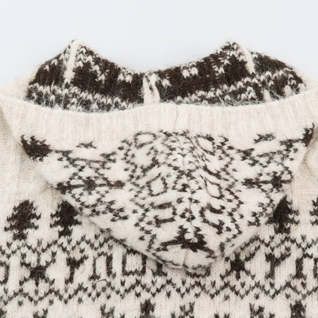 Damen Grobgestrickte Kapuzen‑Strickjacke mit Hornknöpfen und Norwegermuster Nord Taschen