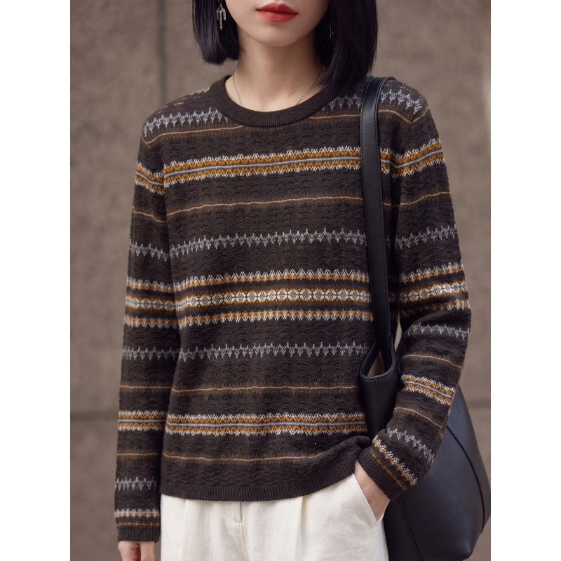 Damen Leichter Rundhals-Pullover im Norwegerstreifen-Design mit strukturierter Ajouroptik Nord Taschen