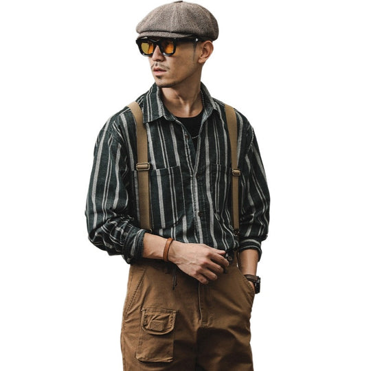 Herren Gestreiftes Overshirt-Hemd aus Baumwoll-Leinen mit Brusttaschen Nord Taschen