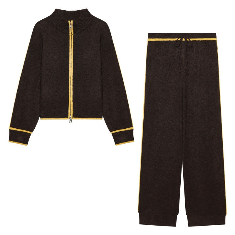 Damen Zweiteiliges Strick-Loungewear-Set mit kurzem Reißverschluss-Cardigan und hoher Bund-Palazzo-Hose Nord Taschen