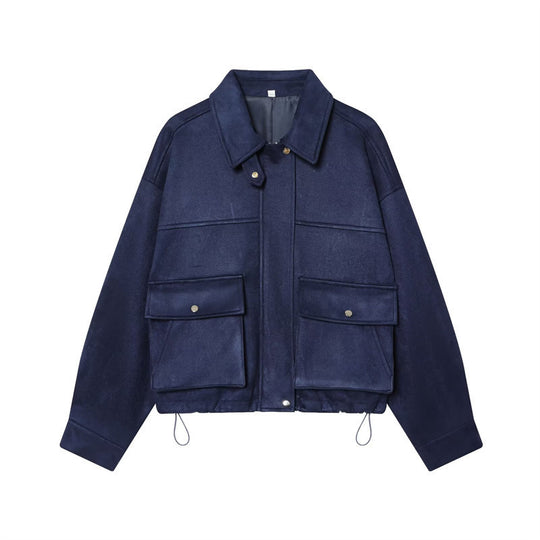 Damen Kurz geschnittene Boxy‑Veloursblousonjacke mit Pattentaschen und verdeckter Druckknopfleiste Nord Taschen
