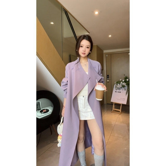 Damen Maxi-Trenchcoat mit Wasserfallkragen und gerafften Ärmeln Nord Taschen