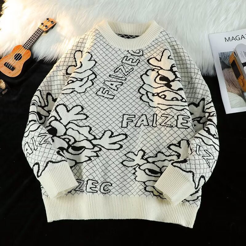 Unisex Oversized Jacquard-Strickpullover mit Allover-Motiv und Rippbündchen Nord Taschen