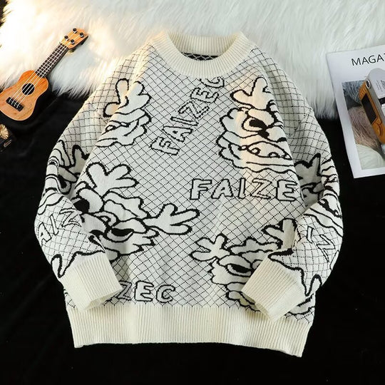 Unisex Oversized Jacquard-Strickpullover mit Allover-Motiv und Rippbündchen Nord Taschen