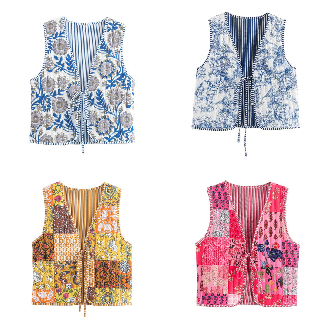 Damen Patchwork‑Weste mit Bindeband, gestreifter Innenverarbeitung und Kontrastpaspel Nord Taschen