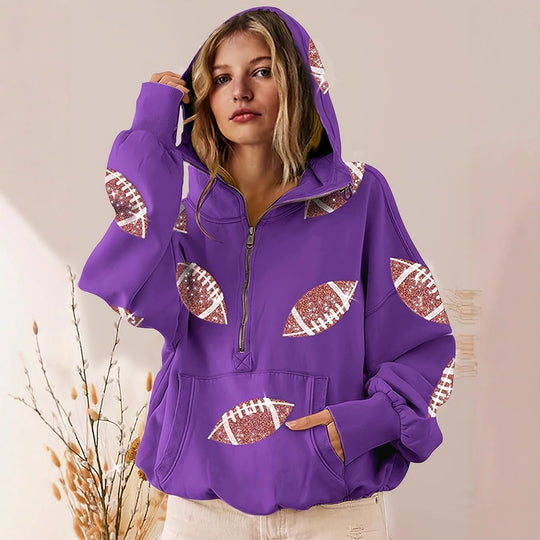 Damen Oversized Kapuzenpullover mit halbem Reißverschluss und Pailletten‑Football-Applikation Nord Taschen