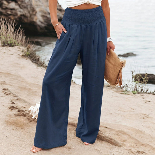Damen Weite Leinenhose mit Smokbund und Eingrifftaschen Nord Taschen