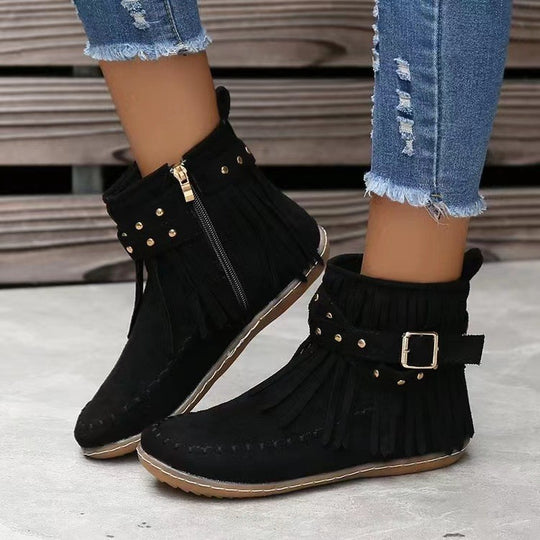Damen Fransen-Boots im Mokassinstil mit Ziernähten, Schnallenriemen und seitlichem Reißverschluss Nord Taschen