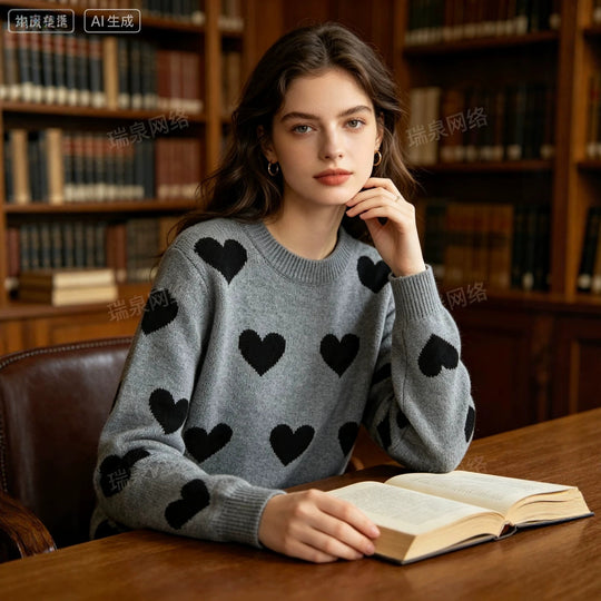 Damen Oversize-Strickpullover mit Herz‑Jacquard und Rundhalsausschnitt Nord Taschen
