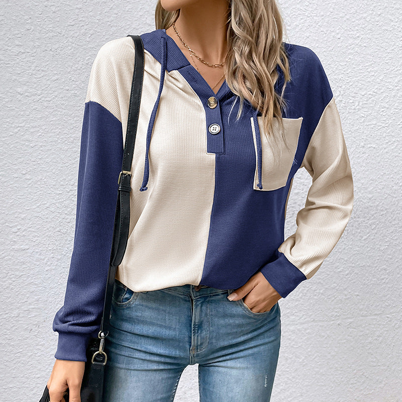 Damen Lässiges Hoodie-Oberteil mit Knopfleiste und Farbblock-Design Nord Taschen