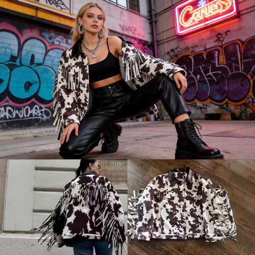 Damen Teddy-Truckerjacke mit Kuhfleckenmuster und Kunstlederkragen Nord Taschen