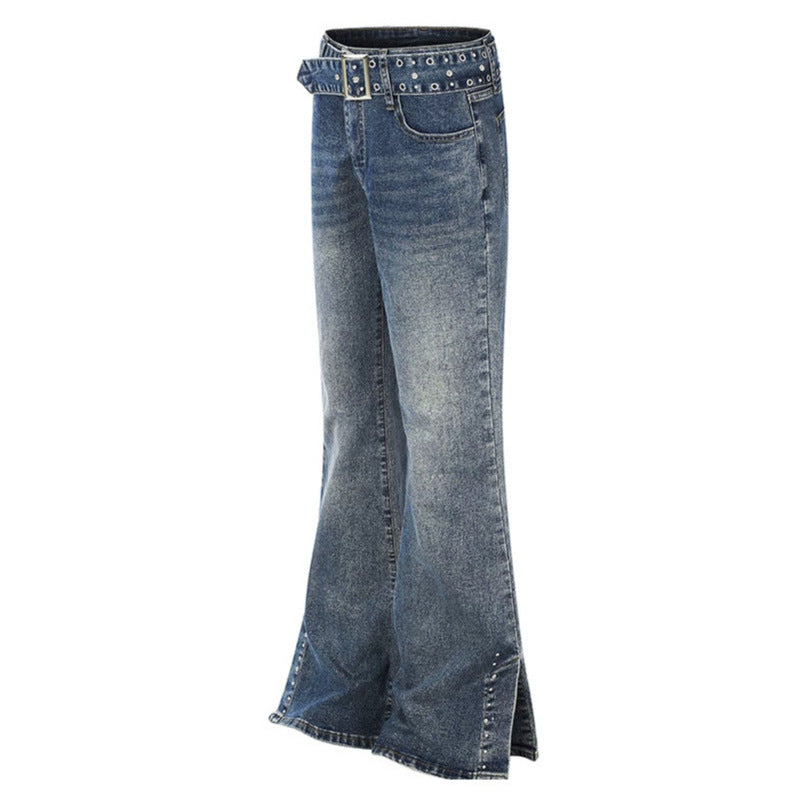 Damen High-Waist Flared-Denimjeans mit Nietenbesatz, weitem Schlag und Ziergürtel Nord Taschen