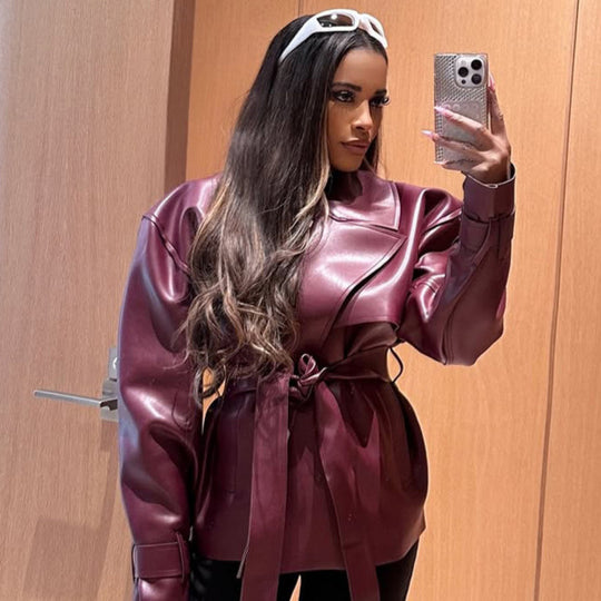 Damen Taillierter Lederimitat-Blouson mit Bindegürtel und voluminöser Schulterpartie Nord Taschen