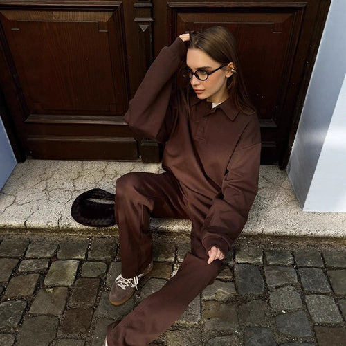 Damen Lässiges Polo-Sweatset aus Bio-Baumwollfleece mit Oversize-Pulli und High-Waist Jogger Nord Taschen