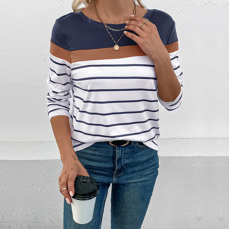 Damen Gestreiftes Langarmshirt mit Colorblock-Detail und Rundhalsausschnitt Nord Taschen