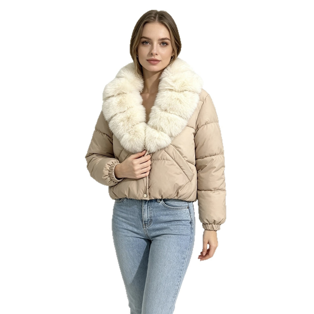 Damen nan kurze wattierte Cropped-Jacke mit extra voluminösem Kunstpelz-Schalkragen und elastischen Bündchen Nord Taschen