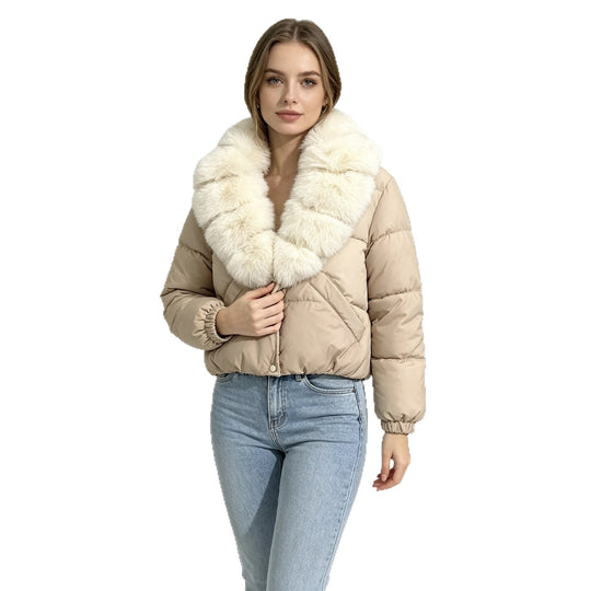 Damen nan kurze wattierte Cropped-Jacke mit extra voluminösem Kunstpelz-Schalkragen und elastischen Bündchen Nord Taschen