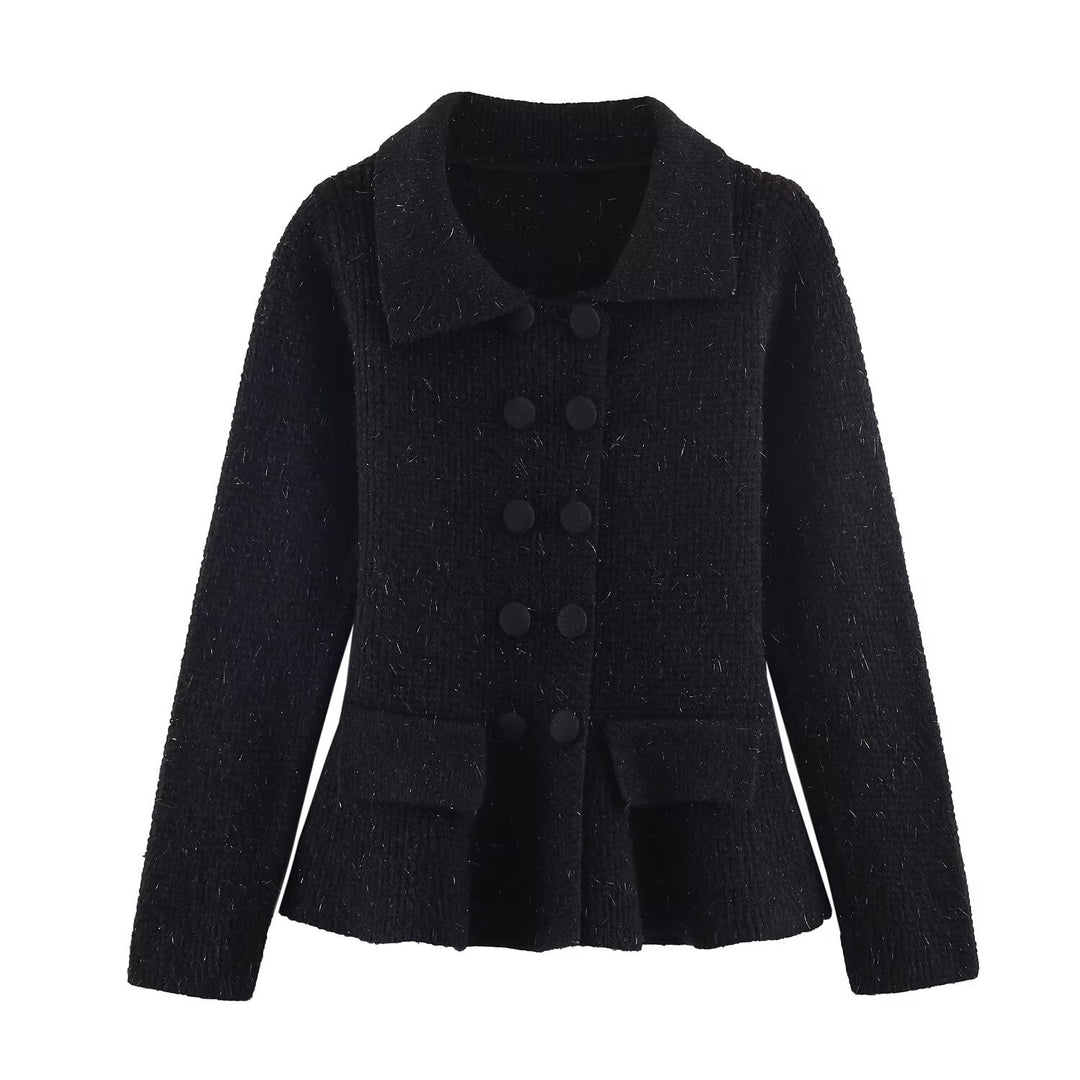 Damen Doppelreihige Bouclé-Jacke mit Schößchen, aufgesetzten Taschen und Hemdkragen Nord Taschen