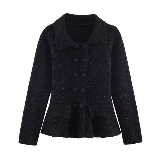 Damen Doppelreihige Bouclé-Jacke mit Schößchen, aufgesetzten Taschen und Hemdkragen Nord Taschen