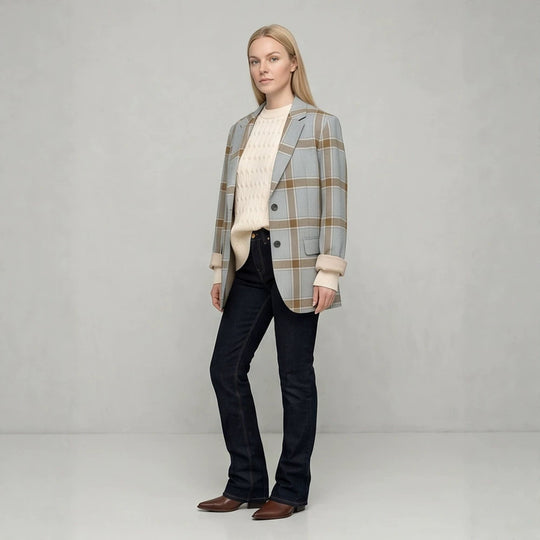 Damen Oversize-Karoblazer im Glencheck mit kastiger Silhouette und fallendem Revers Nord Taschen