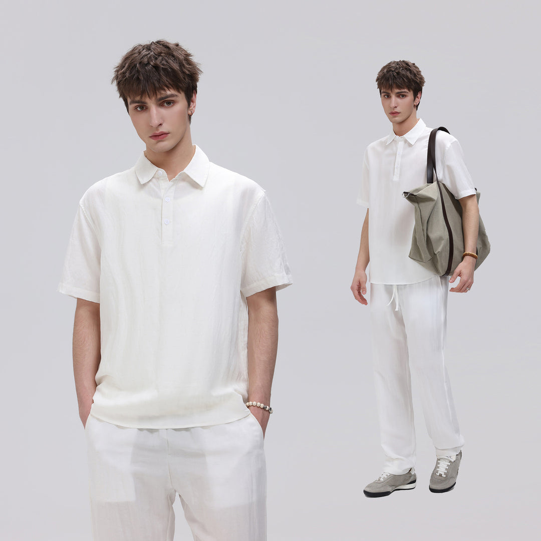 Herren Zweiteiliges Lounge-Set aus leichtem Baumwollmix mit Polokragen und Gummizughose Nord Taschen