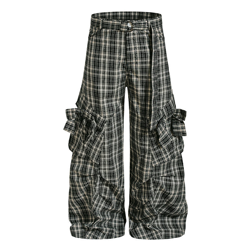 Damen karierte hochgeschnittene Cargo-Hose mit weitem Bein und Volant-Taschen Nord Taschen