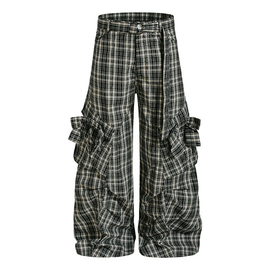 Damen karierte hochgeschnittene Cargo-Hose mit weitem Bein und Volant-Taschen Nord Taschen