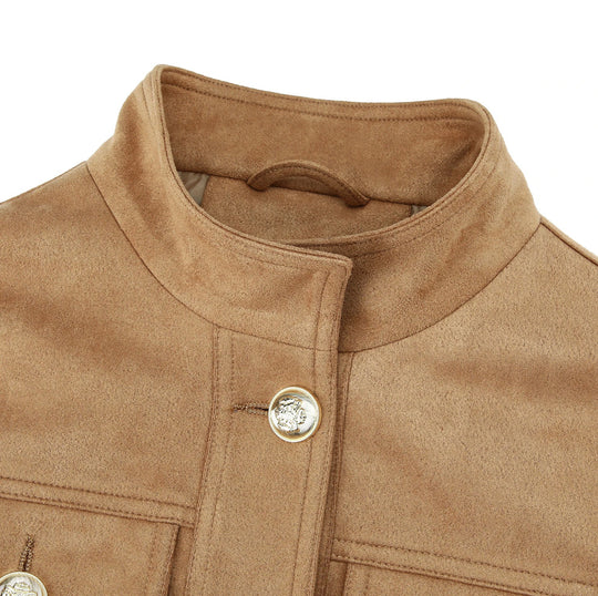 Damen Kurzjacke aus Wildlederoptik mit Stehkragen und aufgesetzten Pattentaschen Nord Taschen
