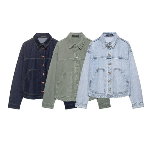 Damen Boxy Cropped Denim-Workerjacke mit großen aufgesetzten Fronttaschen Nord Taschen