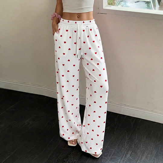 Damen Lässige Weite Hose mit Herzmuster Nord Taschen