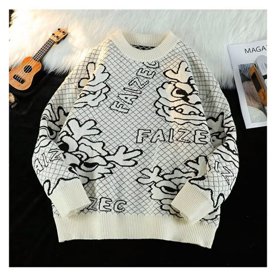 Unisex Oversized Jacquard-Strickpullover mit Allover-Motiv und Rippbündchen Nord Taschen