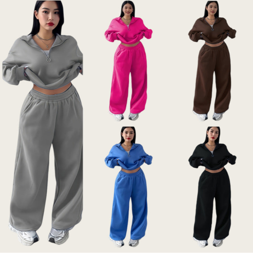 Damen Cropped Oversize-Sweatshirt mit halbem Reißverschluss und weite High-Waist Jogginghose Set Nord Taschen