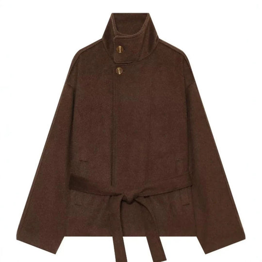 Damen Kurzer Wollmix‑Capecoat mit hohem Stehkragen, verdeckter Knopfleiste und Taillenbindegürtel Nord Taschen