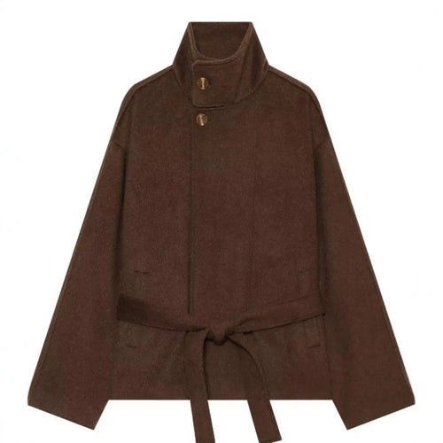 Damen Kurzer Wollmix‑Capecoat mit hohem Stehkragen, verdeckter Knopfleiste und Taillenbindegürtel Nord Taschen