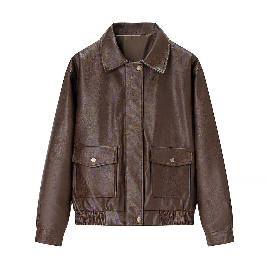 Damen Oversized-Kunstlederblouson mit Hemdkragen, aufgesetzten Pattentaschen und verdeckter Reißverschlussleiste Nord Taschen