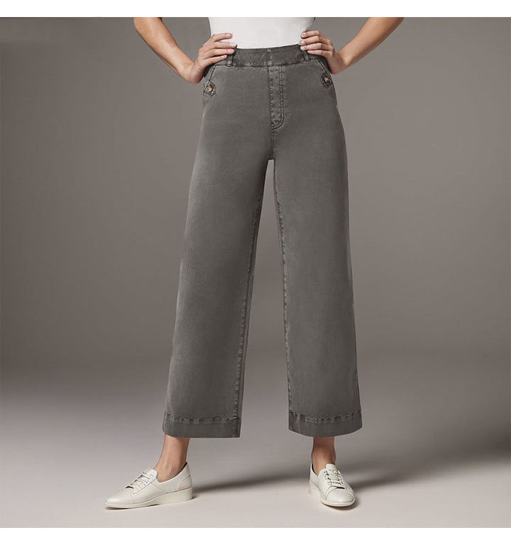 Damen Weite High-Waist Hose mit modischen Knopfdetails