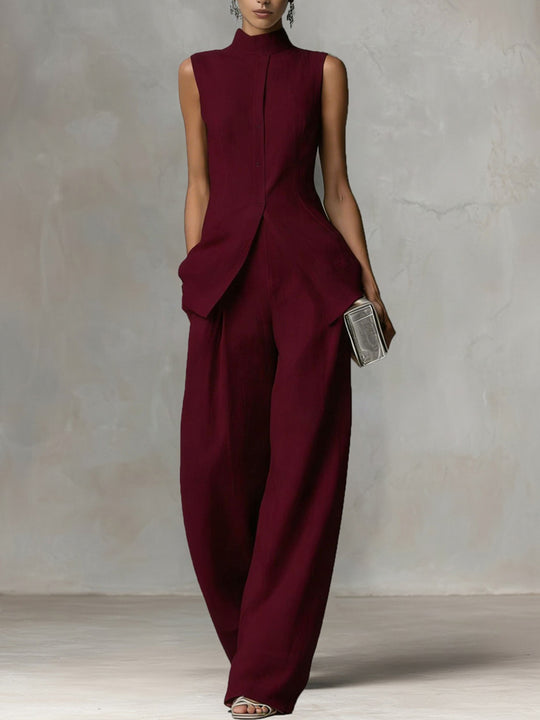 Damen Ärmelloser Leinen-Jumpsuit mit Stehkragen und weitem Bein Nord Taschen