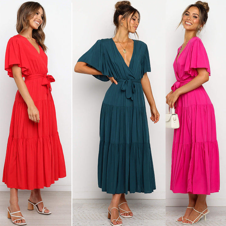 Damen Maxikleid mit tiefem V-Ausschnitt und schwingenden Ärmeln