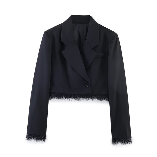 Damen Cropped-Blazer mit Spitzenbordüre, taillierter Ein-Knopf-Silhouette Nord Taschen