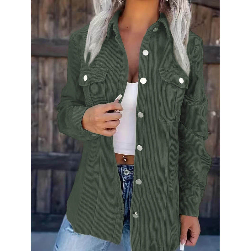 Damen Cord-Hemdjacke im Shacket-Stil mit Druckknopf-Leiste und Brusttaschen Nord Taschen