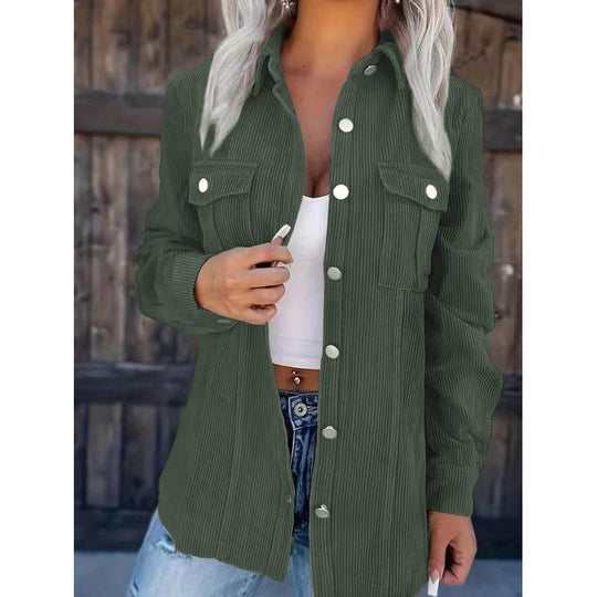 Damen Cord-Hemdjacke im Shacket-Stil mit Druckknopf-Leiste und Brusttaschen Nord Taschen